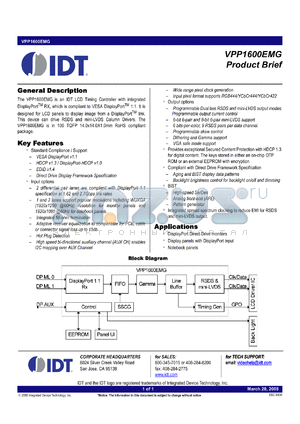 VPP1600EMG datasheet - LCD timing controller with integrated DisplayPort receiver, which is compliant to VESA DisplayPort 1.1a