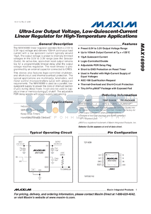MAX16999AUA05+ datasheet - Ultra-Low Output Voltage, Low-Quiescent-Current Linear Regulator for High-Temperature Applications