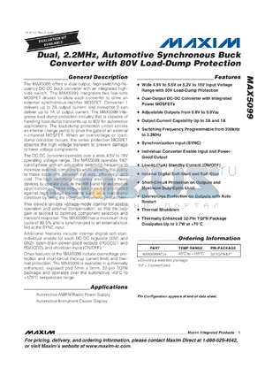 MAX5099ATJ+ datasheet - Dual, 2.2MHz, Automotive Synchronous Buck Converter with 80V Load-Dump Protection