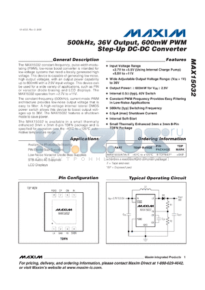 MAX15032 datasheet - 500kHz, 36V Output, 600mW PWM Step-Up DC-DC Converter