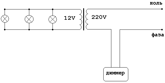 Схема управления галогенными лампами 12 вольт при помощи диммера
