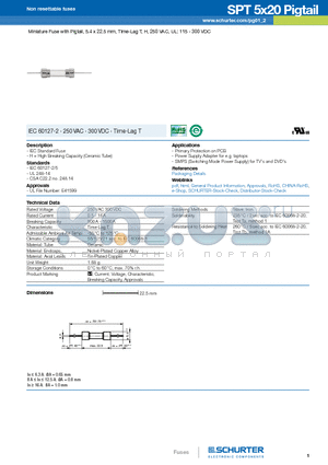 0001.2503.PT datasheet - Miniature Fuse with Pigtail, 5.4 x 22.5 mm, Time-Lag T, H, 250 VAC, UL: 115 - 300 VDC