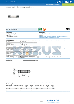 0001.2536 datasheet - Miniature Fuse, 6.3 x 32 mm, Time-Lag T, Sand, 250 VAC