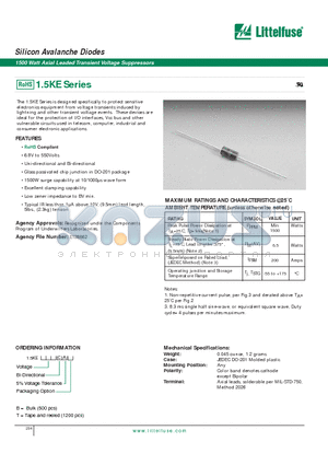 1.5KE250A datasheet - Silicon Avalanche Diodes - 1500 Watt Axial Leaded Transient Voltage Suppressors