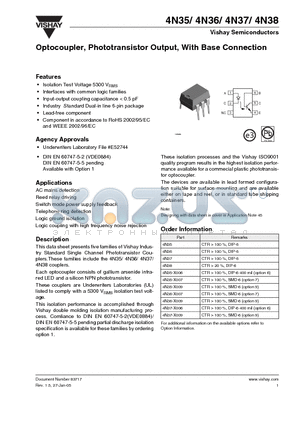 4N36-X007 datasheet - Optocoupler, Phototransistor Output, With Base Connection