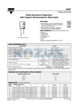 94SP datasheet - Solid Aluminum Capacitors with Organic Semiconductor Electrolyte