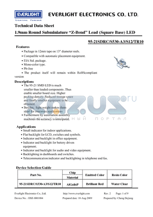 95-21SDRC datasheet - 1.9mm Round Subminiature Z-Bend Lead (Square Base) LED