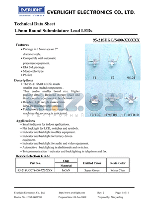 95-21SUGC-S400-XX-XXX datasheet - 1.9mm Round Subminiature Lead LEDs