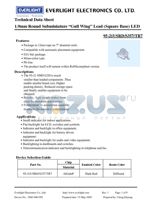 95-21USRD-S357-TR7 datasheet - 1.9mm Round Subminiature Gull Wing Lead (Square Base) LED