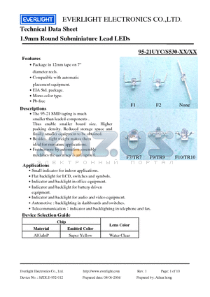 95-21UYC-S530-XX-XX datasheet - 1.9mm Round Subminiature Lead LEDs
