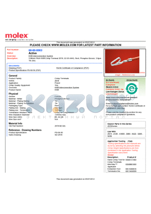 0008-60-0003 datasheet - 3.96mm Pitch KK^ Crimp Terminal 2578, 22-26 AWG, Reel, Phosphor Bronze, 3.8lm