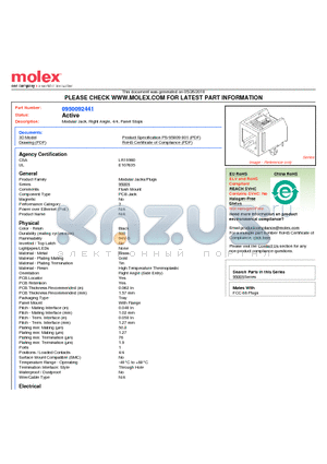 95009-2441 datasheet - Modular Jack, Right Angle, 4/4, Panel Stops