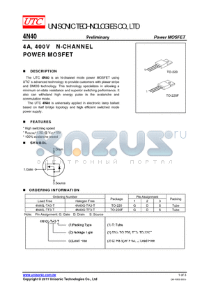 4N40L-TF3-T datasheet - 4A, 400V N-CHANNEL POWER MOSFET