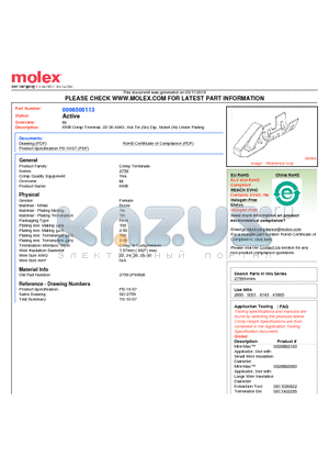 0008500113 datasheet - KK^ Crimp Terminal, 22-30 AWG, Hot Tin (Sn) Dip, Nickel (Ni) Under Plating