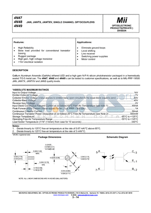 4N47 datasheet - JAN, JANTX, JANTXV, SINGLE CHANNEL OPTOCOUPLERS