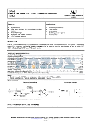 4N48A datasheet - JAN, JANTX, JANTXV, SINGLE CHANNEL OPTOCOUPLERS