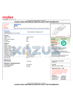 0008550102 datasheet - KK^ Crimp Terminal, 22-30 AWG, Bag, Selective Gold (Au), Nickel (Ni) Under Plating