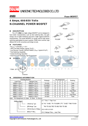 4N60G-X-TA3-T datasheet - 4 Amps, 600/650 Volts N-CHANNEL POWER MOSFET