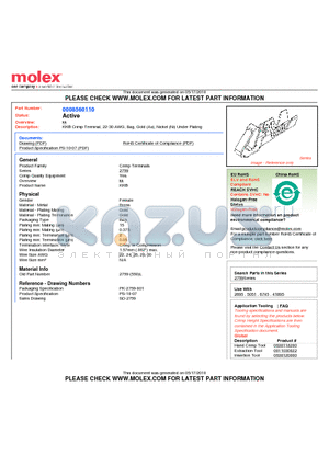 0008560110 datasheet - KK^ Crimp Terminal, 22-30 AWG, Bag, Gold (Au), Nickel (Ni) Under Plating