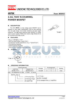 4N70KG-TF3-T datasheet - 4.4A, 700V N-CHANNEL POWER MOSFET