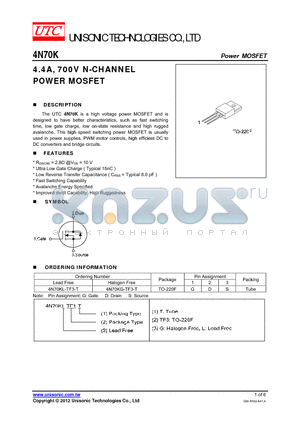4N70KL-TF3-T datasheet - 4.4A, 700V N-CHANNEL POWER MOSFET