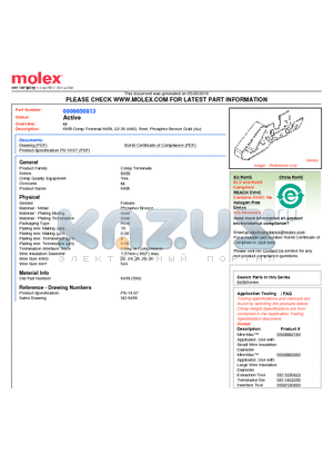 0008650813 datasheet - KK^ Crimp Terminal 6459, 22-30 AWG, Reel, Phosphor Bronze Gold (Au)