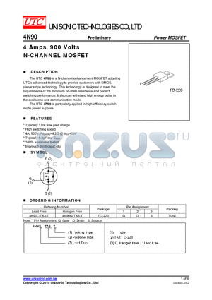 4N90 datasheet - 4 Amps, 900 Volts N-CHANNEL MOSFET