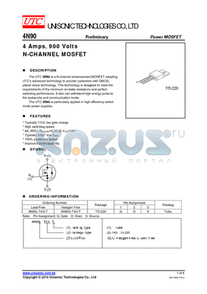 4N90G-TA3-T datasheet - 4 Amps, 900 Volts N-CHANNEL MOSFET