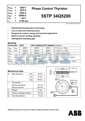 5STP34Q5200 datasheet - Phase Control Thyristor