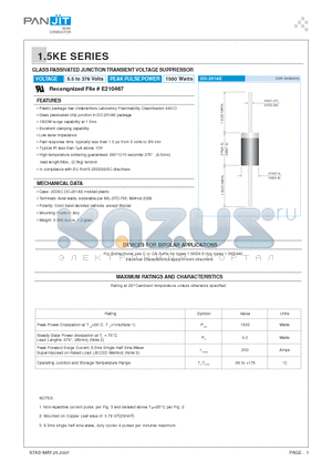 1.5KE300A datasheet - GLASS PASSIVATED JUNCTION TRANSIENT VOLTAGE SUPPRESSOR