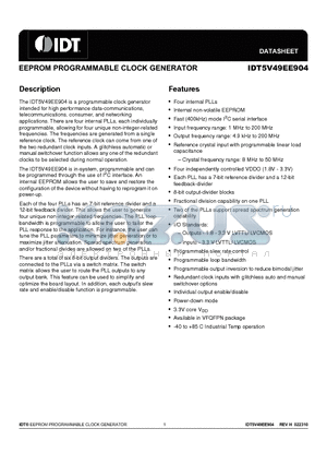 5V49EE904NLGI datasheet - EEPROM PROGRAMMABLE CLOCK GENERATOR