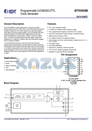 5V925BQGI8 datasheet - Programmable LVCMOS/LVTTL Clock Generator