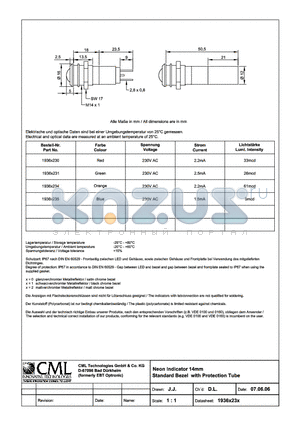 1936X231 datasheet - NEON Indicator 14mm Standard Bezel with Protection Tube