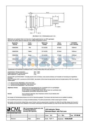 1938X250M datasheet - LED Indicator 16mm Standard Bezel with Flat Lens