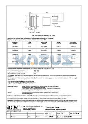 1938X350M datasheet - LED Indicator 16mm Standard Bezel with Flat Lens