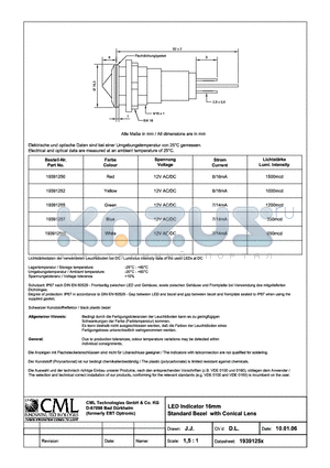 19391257 datasheet - LED Indicator 16mm Standard Bezel with Conical Lens