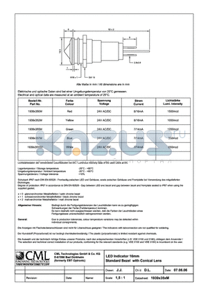 1939X352M datasheet - LED Indicator 16mm Standard Bezel with Conical Lens