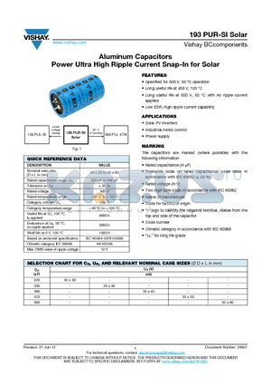 193PUR-SI datasheet - Aluminum Capacitors Power Ultra High Ripple Current Snap-In for Solar