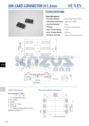 254110MA datasheet - SIM CARD CONNECTOR H:1.5mm