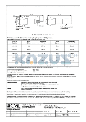 19401130 datasheet - LED Indicator 16mm Standard Bezel with Round Lens