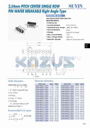 254201MR datasheet - 2.54mm PITCH CENTER SINGLE ROW PIN WAFER BREAKABLE Right Angle Type