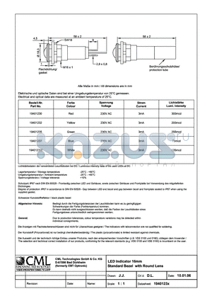 19401235 datasheet - LED Indicator 16mm Standard Bezel with Round Lens