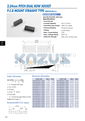 254100FS datasheet - 2.54mm PITCH DUAL ROW SOCKET P.C.B MOUNT STRAIGHT TYPE