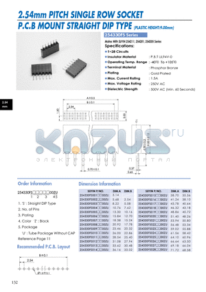 254330FS datasheet - 2.54mm PITCH SINGLE ROW SOCKET P.C.B MOUNT STRAIGHT DIP TYPE (PLASTIC HEIGHT:9.00mm)