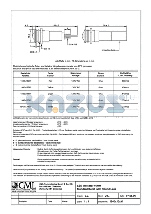 1940X13XM datasheet - LED Indicator 16mm Standard Bezel with Round Lens