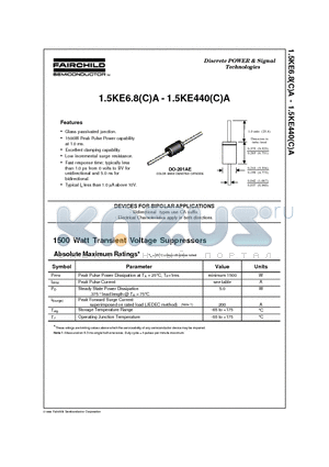 1.5KE30CA datasheet - Glass passivated junction.  1500W Peak Pulse Power capability at 1.0 ms.