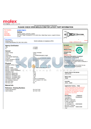 194170011 datasheet - MX150L Male Terminal for 14-16 AWG Wire, Metal Strip Carrier, Length 25.40mm(1.00