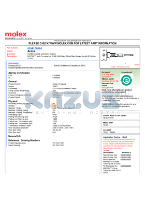 194170024 datasheet - MX150L Male Terminal for 18-22 AWG Wire, Metal Strip Carrier, Length 25.40mm(1.00