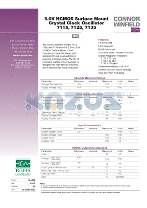 7135-20.00M datasheet - 5.0V HCMOS Surface Mount Crystal Clock Oscillator