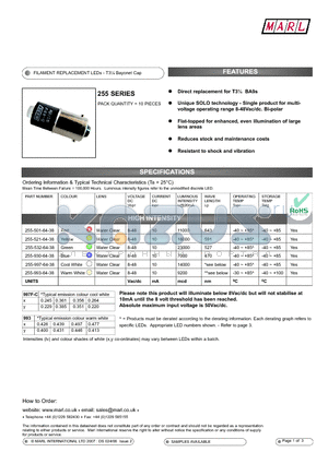 255-501-64-38 datasheet - FILAMENT REPLACEMENT LEDs - T3l Bayonet Cap